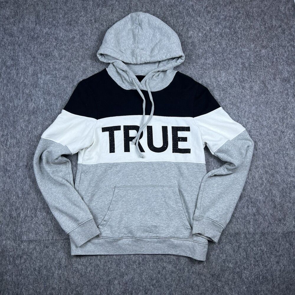 True Religion Women's Hoodie Sweatshirt Bling Spellout Striped Gray Size Large